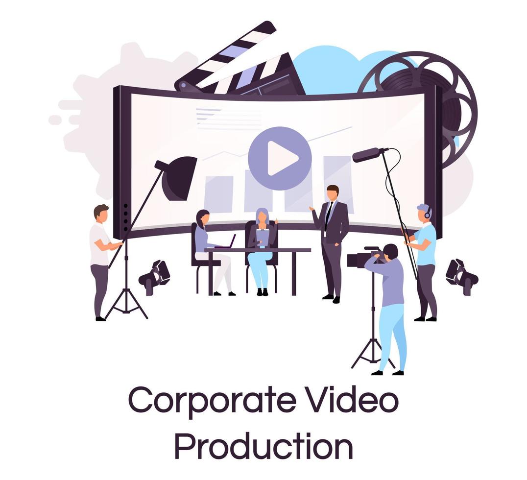 bedrijfsvideoproductie plat concept icoon. massamedia en perssticker, clipart. zakelijke conferentie schieten en uitzenden van geïsoleerde cartoon afbeelding op witte achtergrond vector