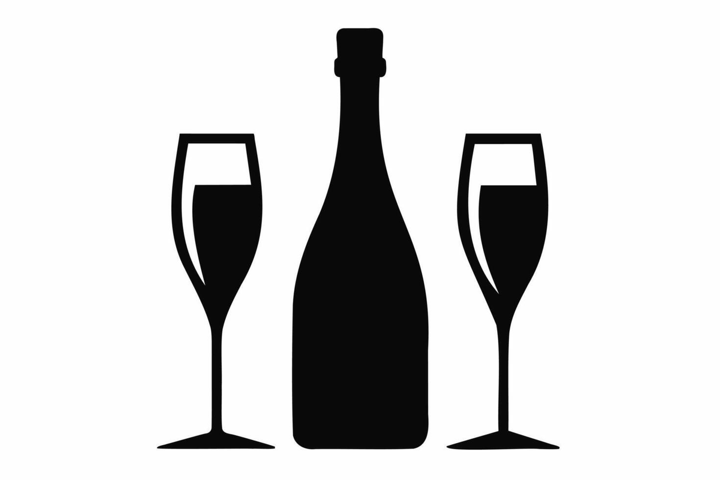 silhouet van een Champagne fles met twee bril. zwart en wit grafisch illustratie geïsoleerd Aan wit achtergrond. minimalistische ontwerp. concept van viering, nieuw jaar, kerstmis, roosteren vector