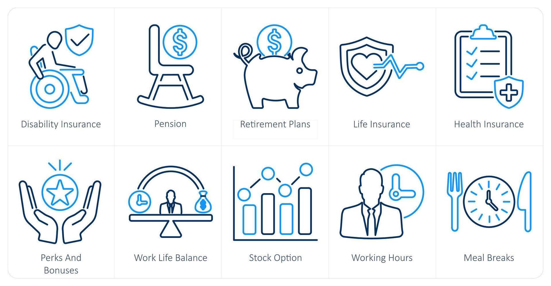 een reeks van 10 werknemer voordelen pictogrammen net zo onbekwaamheid verzekering, pensioen, pensioen plannen vector