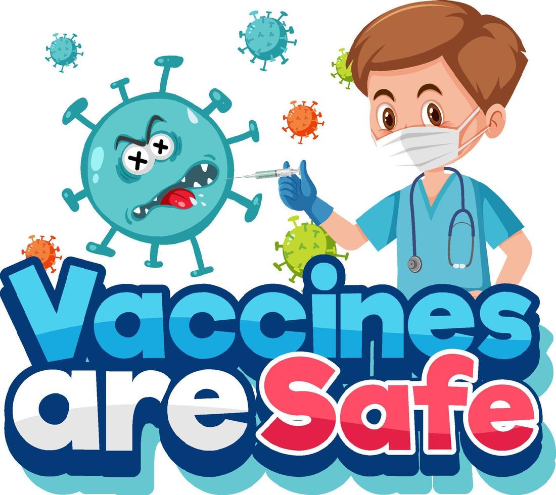 coronavirusvaccinatieconcept met stripfiguur en vaccins zijn veilig lettertype vector