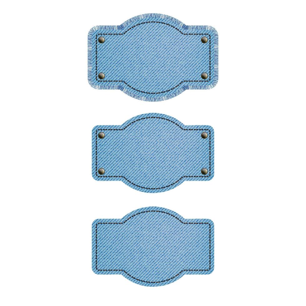 set blauwe denim patches met steek, klinknagels en franje. lichtblauwe spijkerstof. vintage patches vector