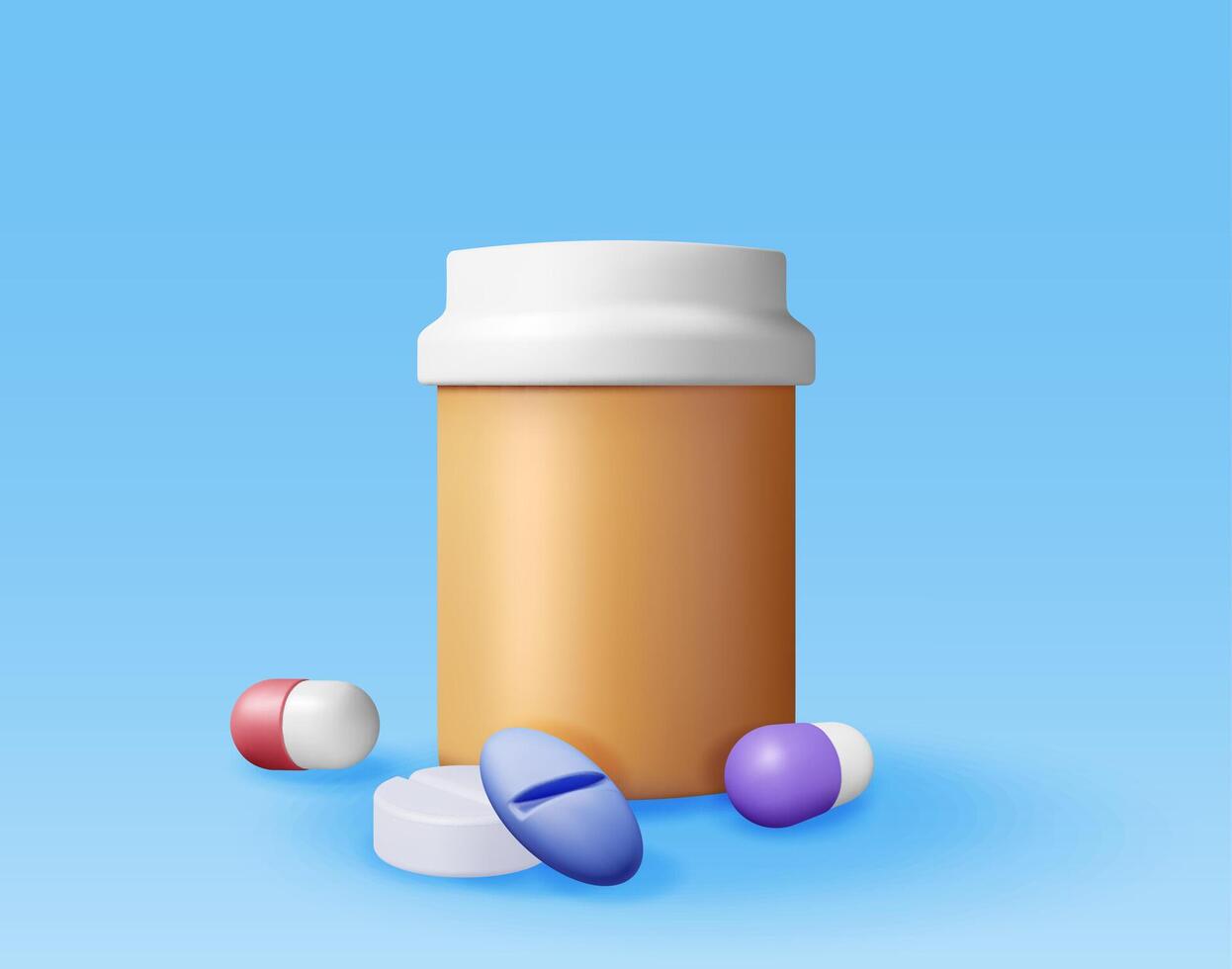 3d plastic fles vol van pillen. geven geneeskunde pakket voor pillen, capsule, drugs. doos voor ziekte en pijn behandeling. medisch medicijn, vitamine, antibiotica. gezondheidszorg apotheek. vector