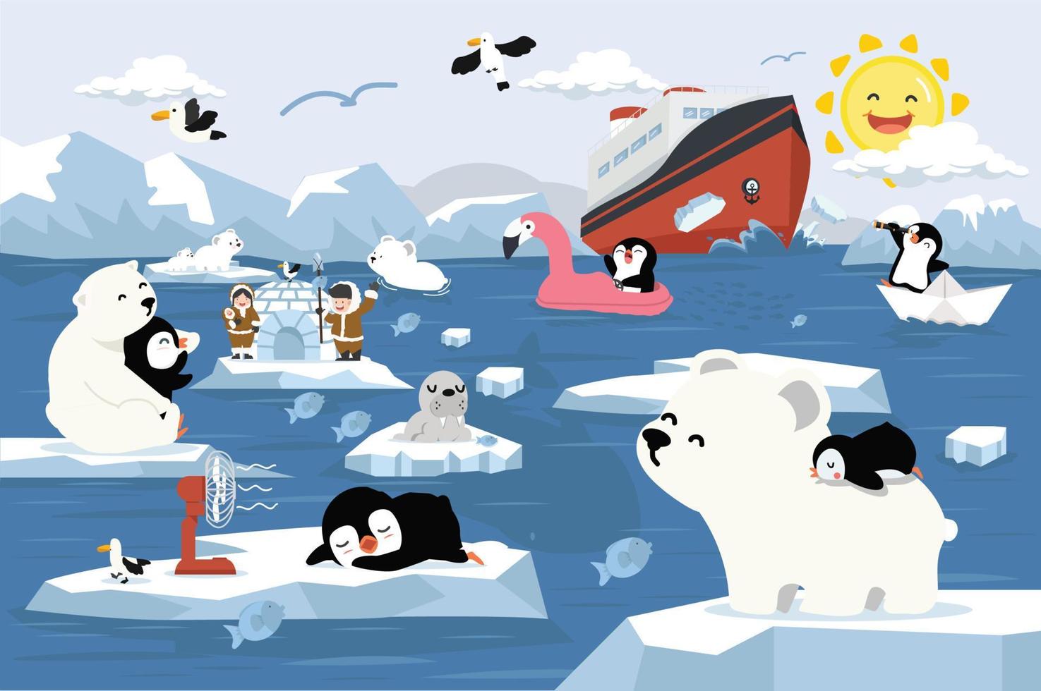 ijsbeer met pinguïn noordpool arctische opwarming van de aarde vector