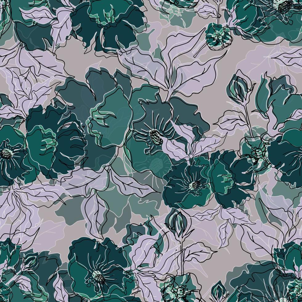 vector naadloze patroon bloemen met bladeren. botanische illustratie voor behang, textiel, stof, kleding, papier, ansichtkaarten