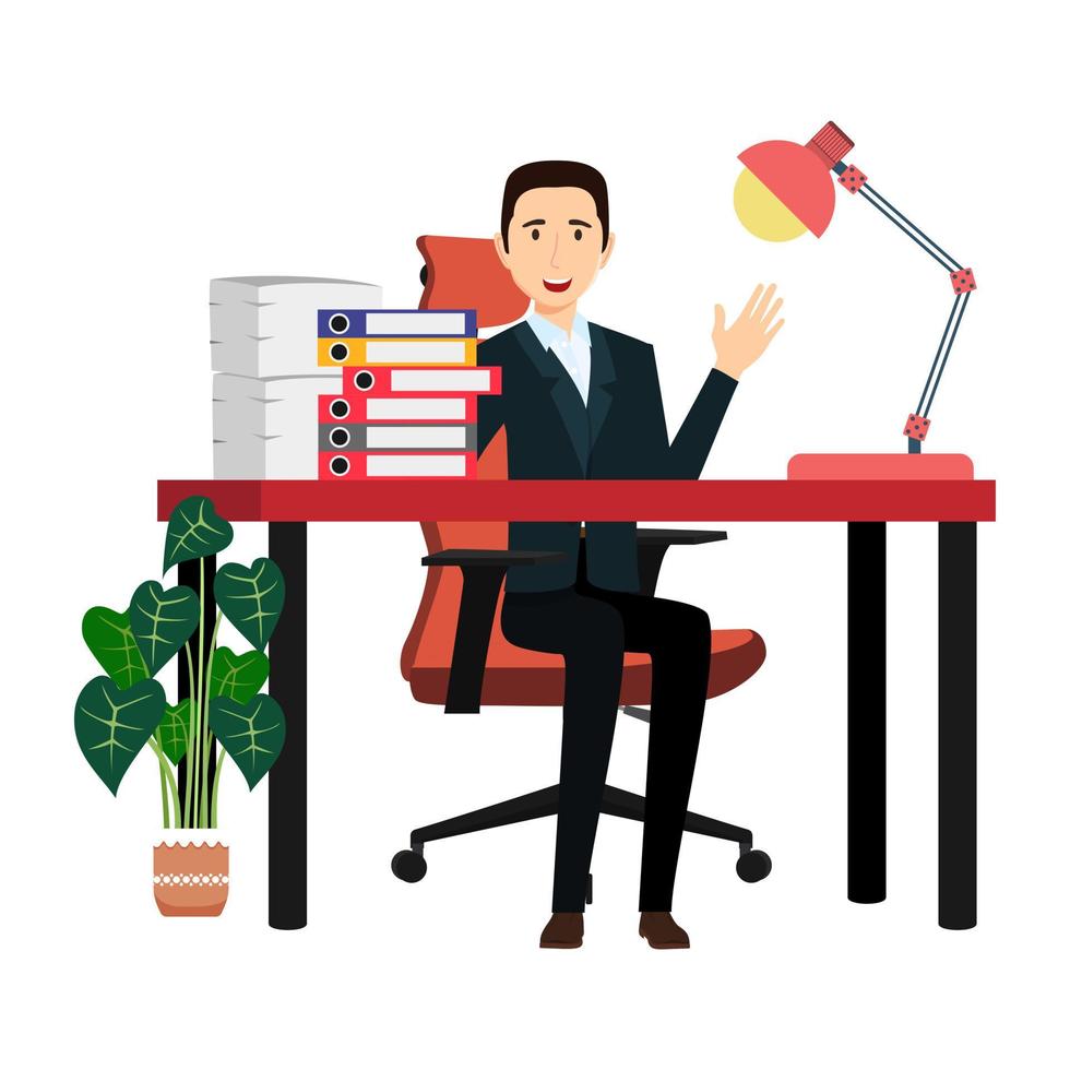 leuke zakenman freelancer situeert op modern thuiskantoor bureau met tafel stoel tafellamp met wat papieren stapel bestandsmappen met kamerplanten vector