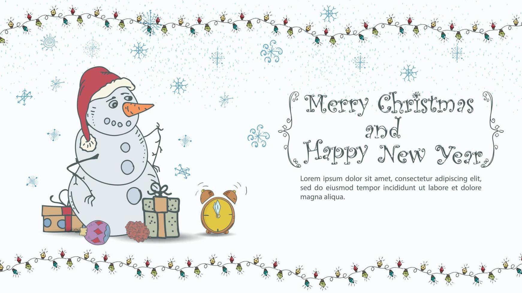 Kerstmis en nieuwjaar illustratie voor de inscriptie van de ontwerpgroet in een frame een sneeuwpop in een kerstmanhoed staat tussen de geschenken vector