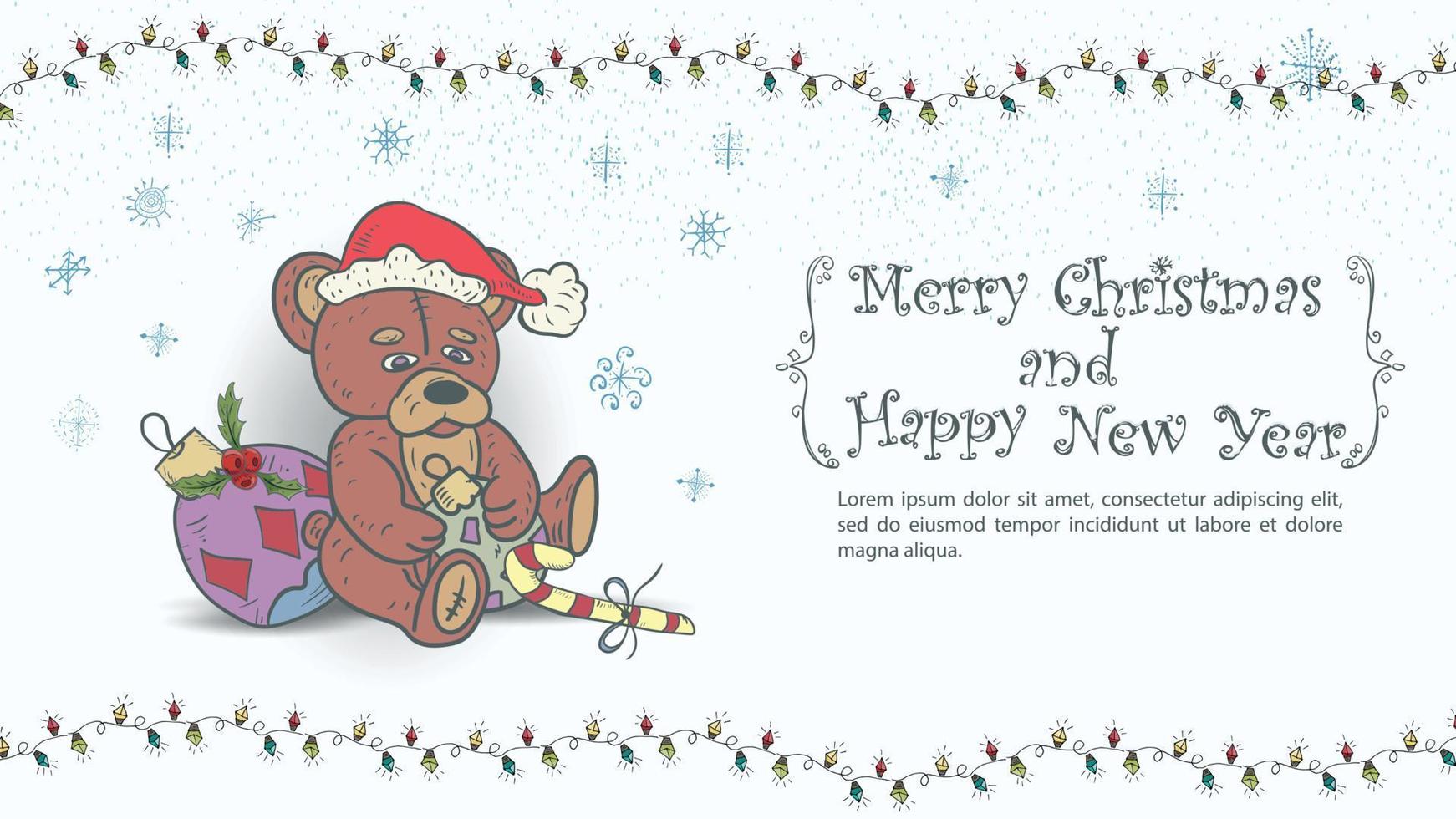 Kerstmis en Nieuwjaar illustratie voor ontwerp groet inscriptie in een frame een teddybeer speelgoed in een kerstman hoed met een kerstbal in zijn poten vector