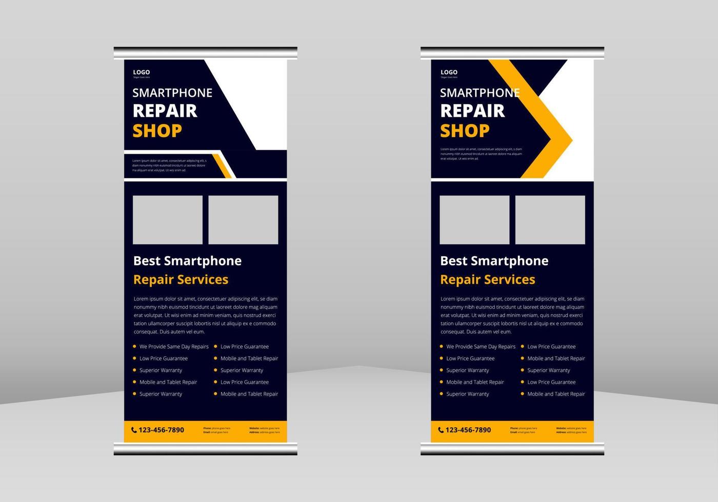 smartphone reparatie service roll-up banner ontwerp, mobiele telefoon reparatie roll up banner, telefoon reparatie promotionele service banner ontwerp, smartphone flyer sjabloon dl flyer vector