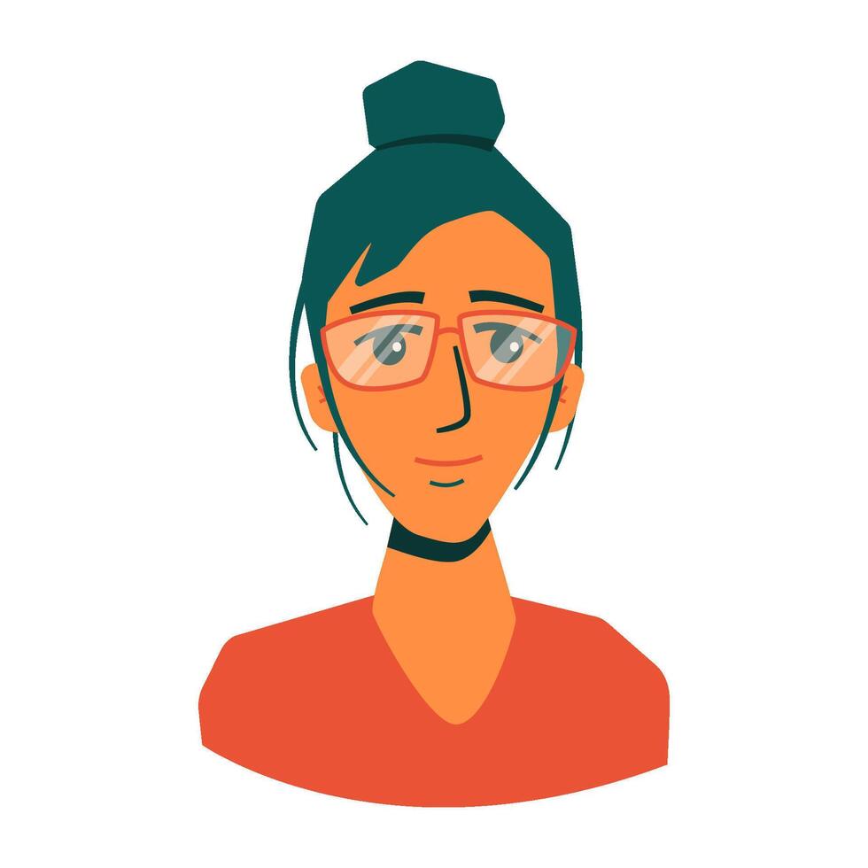 gezicht van jong vrouw in bril met haar- bun in oranje t shirt. geïsoleerd illustratie voor websites, avatar, kaart en meer ontwerp vector