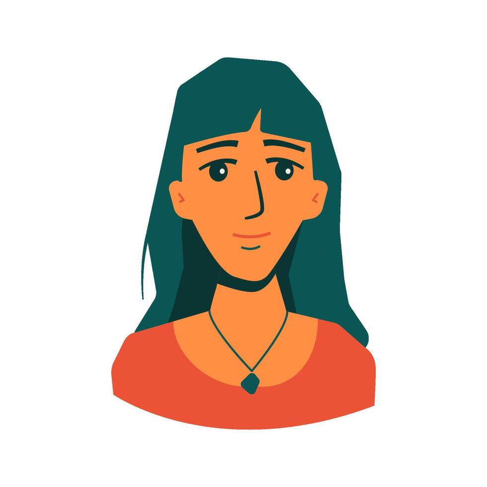 gezicht van jong vrouw met lang groen haar- in oranje t shirt. geïsoleerd illustratie voor websites, avatar, kaart en meer ontwerp vector