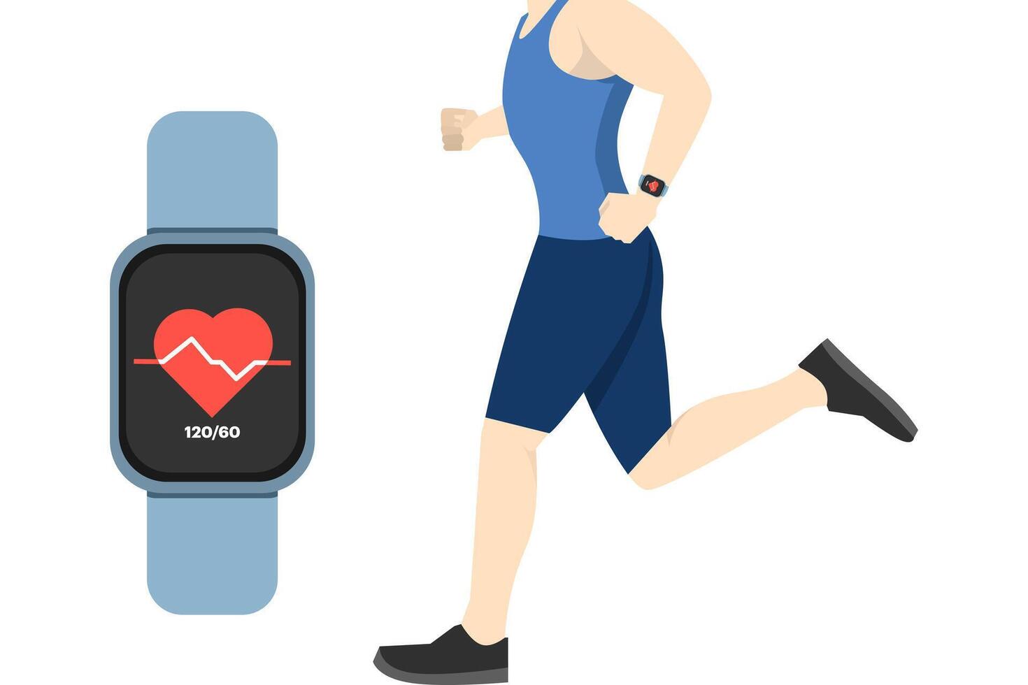 wandelen of rennen Aan een loopband gebruik makend van een app Aan een slim kijk maar naar Vermelding Gezondheid voorwaarden hart tarief, internet van dingen achtergrond, iot illustratie spandoek. vector