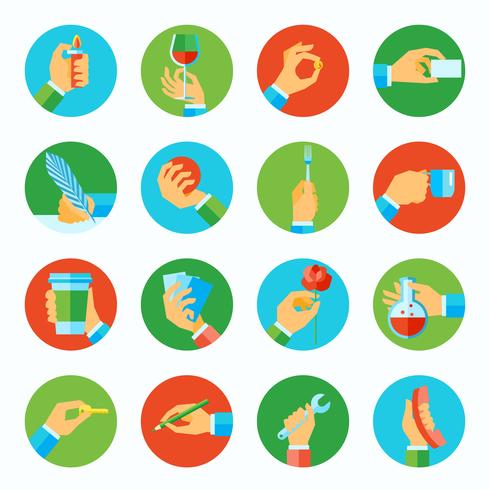 Hand met objecten flat set vector