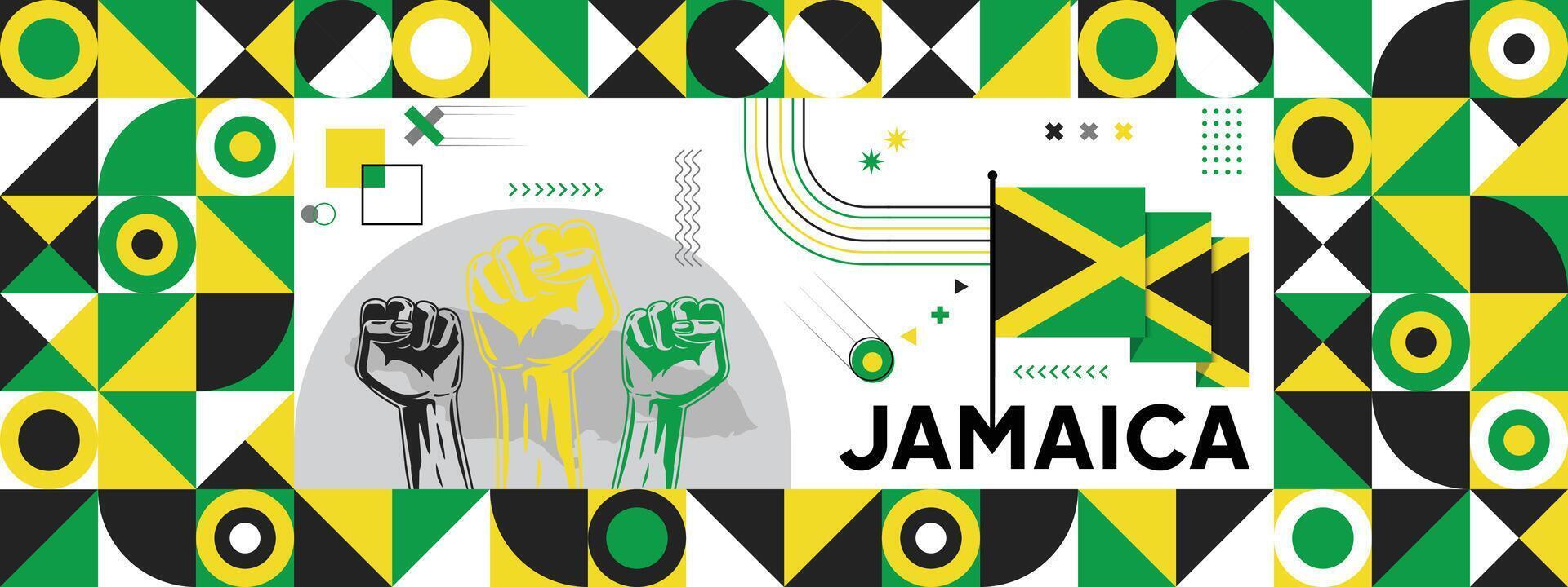 vlag en kaart van Jamaica met verheven vuisten. nationaal dag of onafhankelijkheid dag ontwerp voor land viering. modern retro ontwerp met abstract pictogrammen. vector