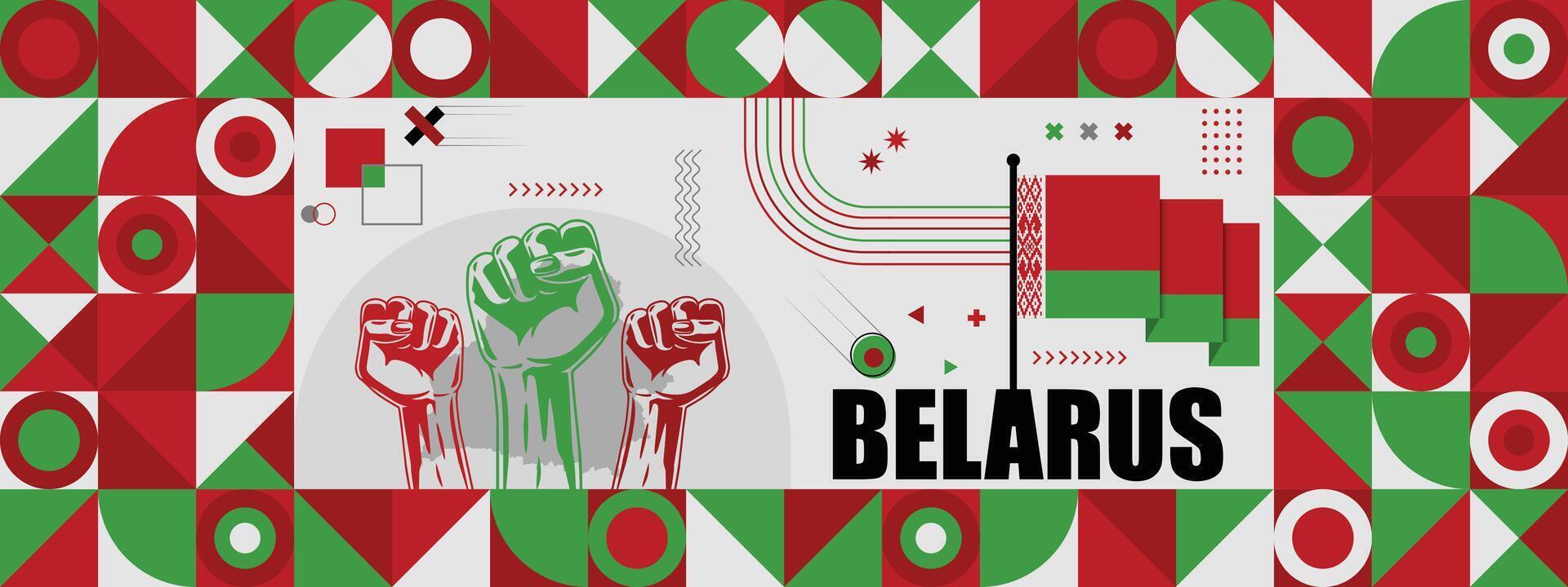 Wit-Rusland nationaal of onafhankelijkheid dag banier voor land viering. vlag en kaart van belgie met verheven vuisten. modern retro ontwerp met typorgaphy abstract meetkundig pictogrammen. vector