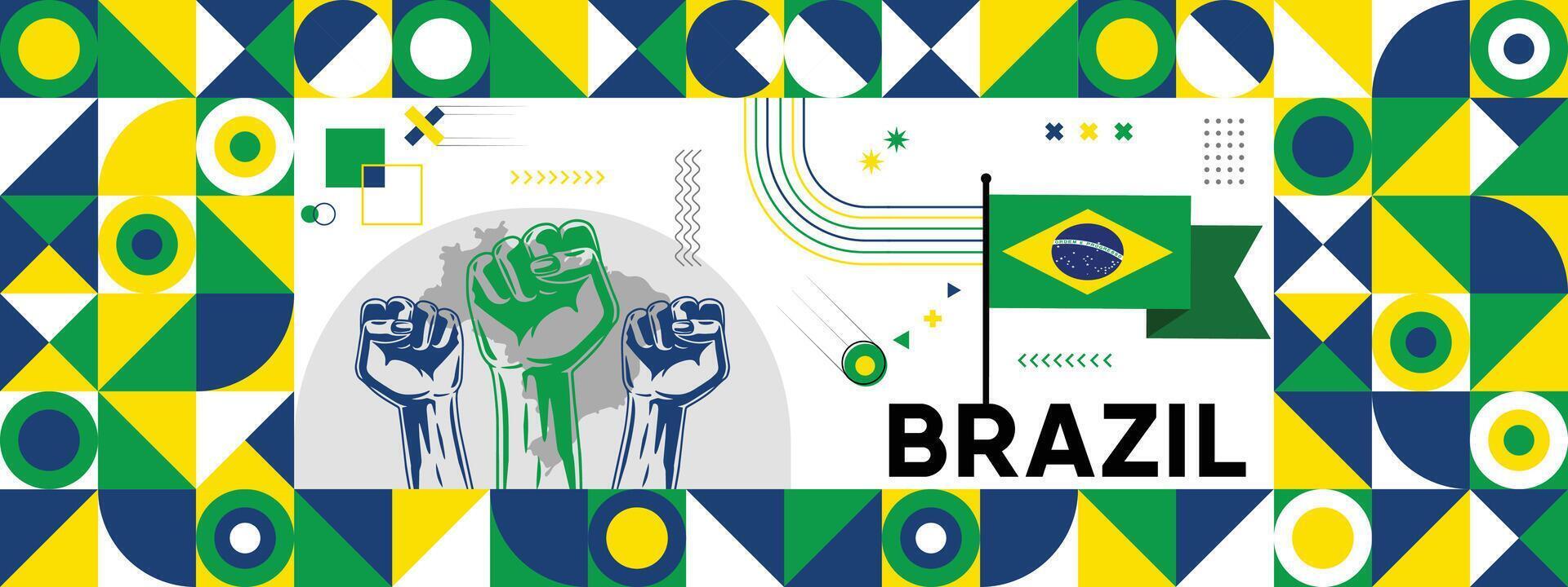 vlag en kaart van Brazilië met verheven vuisten. nationaal dag of onafhankelijkheid dag ontwerp voor land viering. modern retro ontwerp met abstract pictogrammen. vector