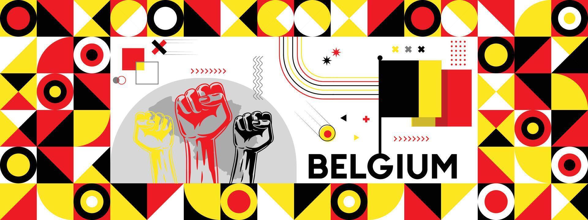 belgie nationaal of onafhankelijkheid dag banier voor land viering. vlag en kaart van belgie met verheven vuisten. modern retro ontwerp met typorgaphy abstract meetkundig pictogrammen. vector