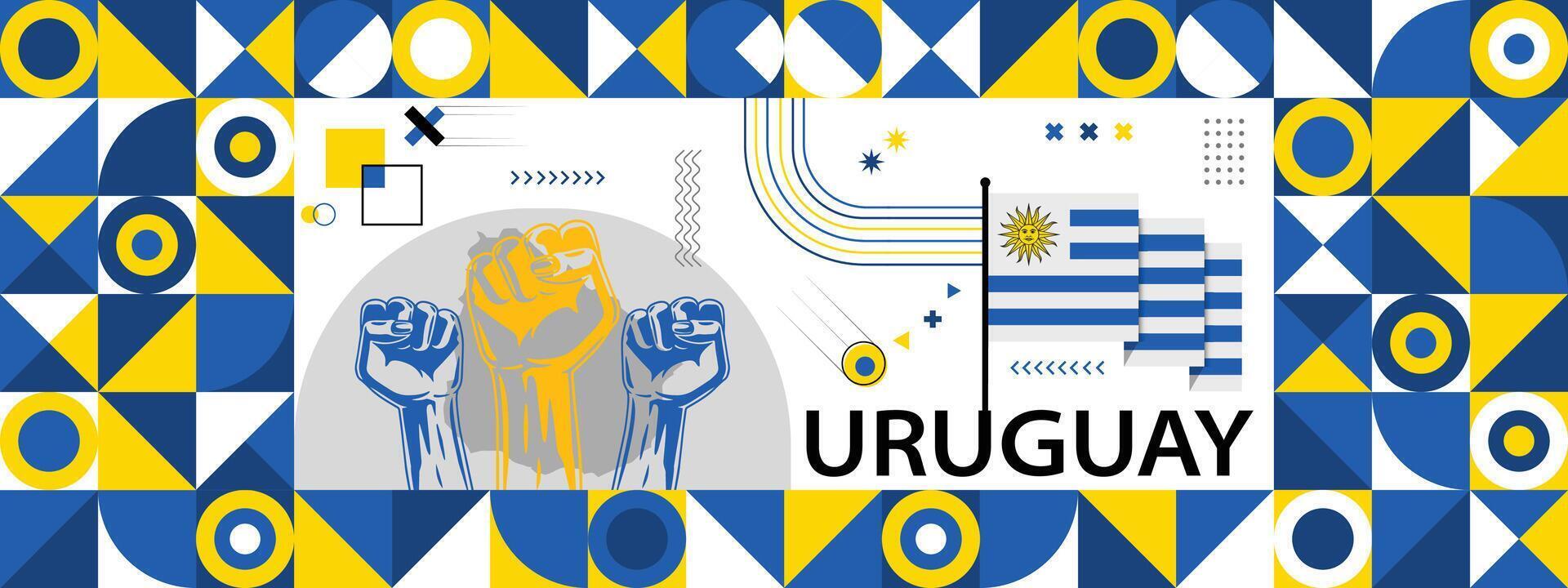 vlag en kaart van Uruguay met verheven vuisten. nationaal dag of onafhankelijkheid dag ontwerp voor land viering. modern retro ontwerp met abstract pictogrammen. vector