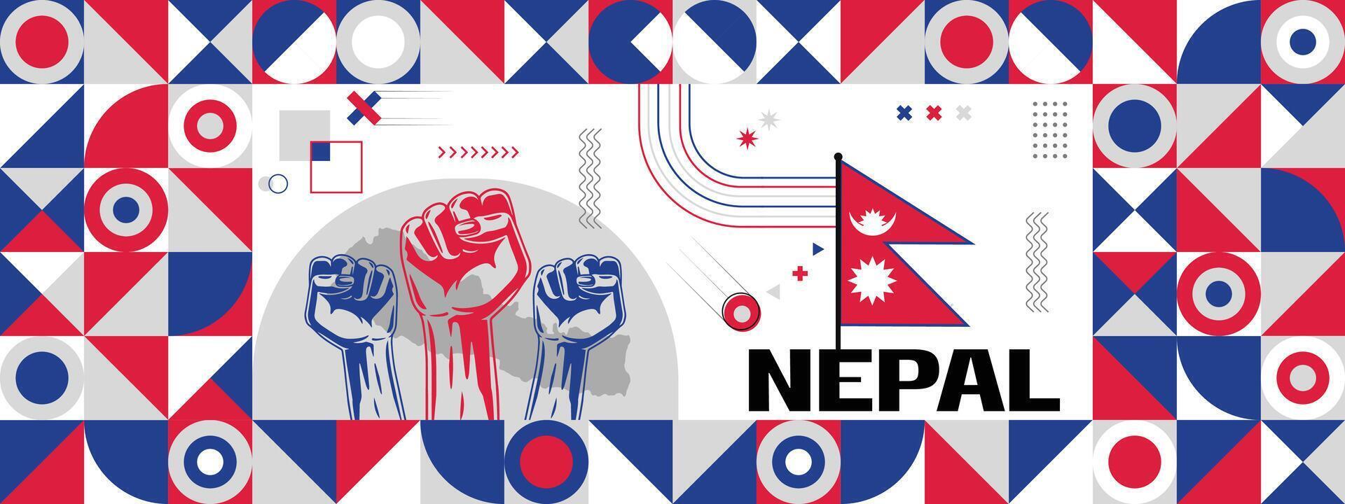 vlag en kaart van Nepal met verheven vuisten. nationaal dag of onafhankelijkheid dag ontwerp voor land viering. modern retro ontwerp met abstract pictogrammen. vector