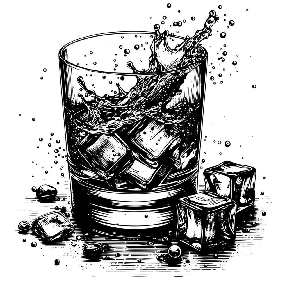 zwart en wit silhouet van een glas whisky Scotch Aan de rotsen vector
