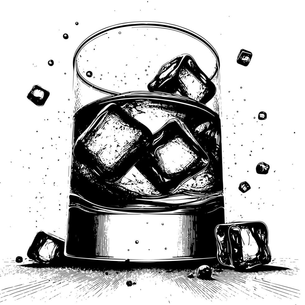 zwart en wit silhouet van een glas whisky Scotch Aan de rotsen vector