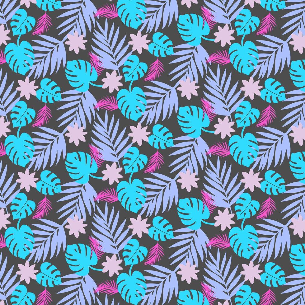 tropisch naadloos patroon. kleurrijk palm bladeren en bloemen Aan grijs. zomer helder achtergrond. mode ontwerp voor afdrukken, decor, kleding stof, kaart. vector