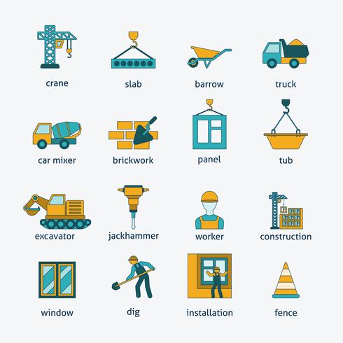 Bouw pictogrammen platte lijn set vector