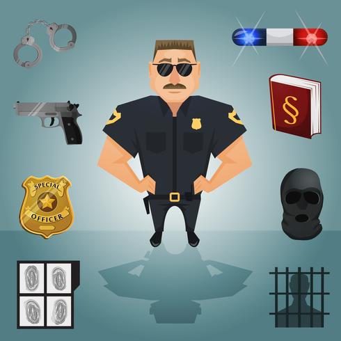 Politieman karakter met pictogrammen vector