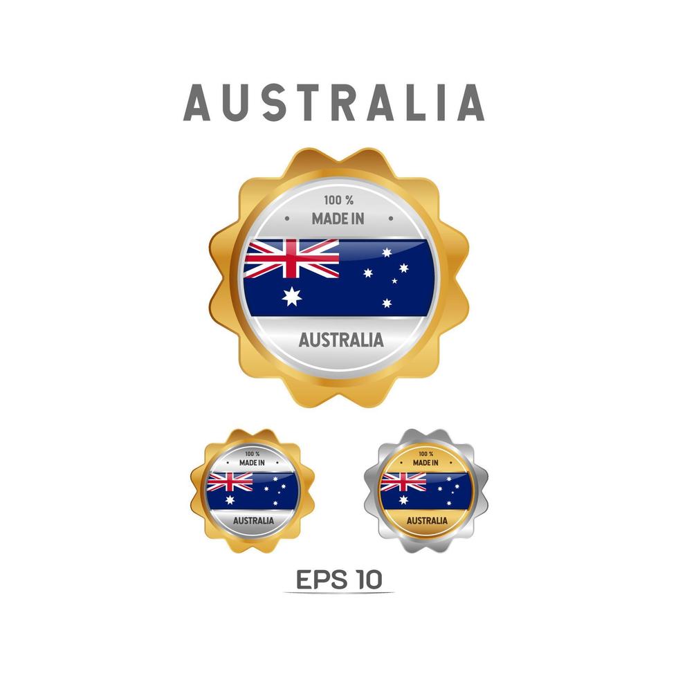 gemaakt in Australië label, stempel, badge of logo. met de nationale vlag van Australië. op platina, goud en zilver kleuren. premium en luxe embleem vector