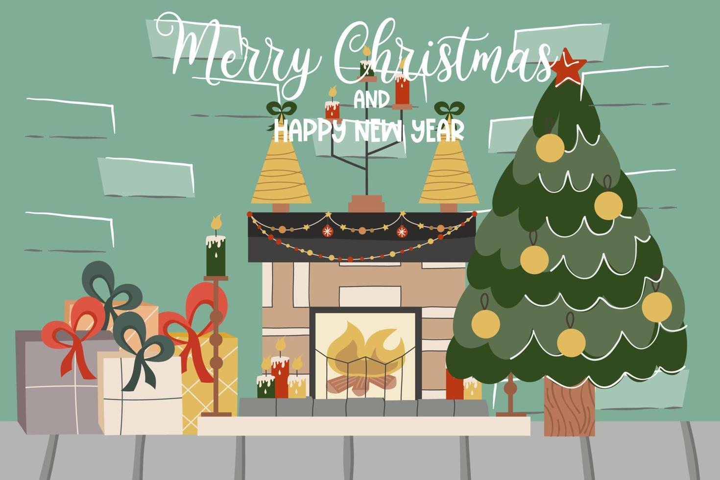 kerst baksteen loft met open haard, dennenboom, tekst merry christmas.decorated met ballen sparren en open haard kaarsen en geschenken. vectorillustratie van een feestelijk interieur. vector