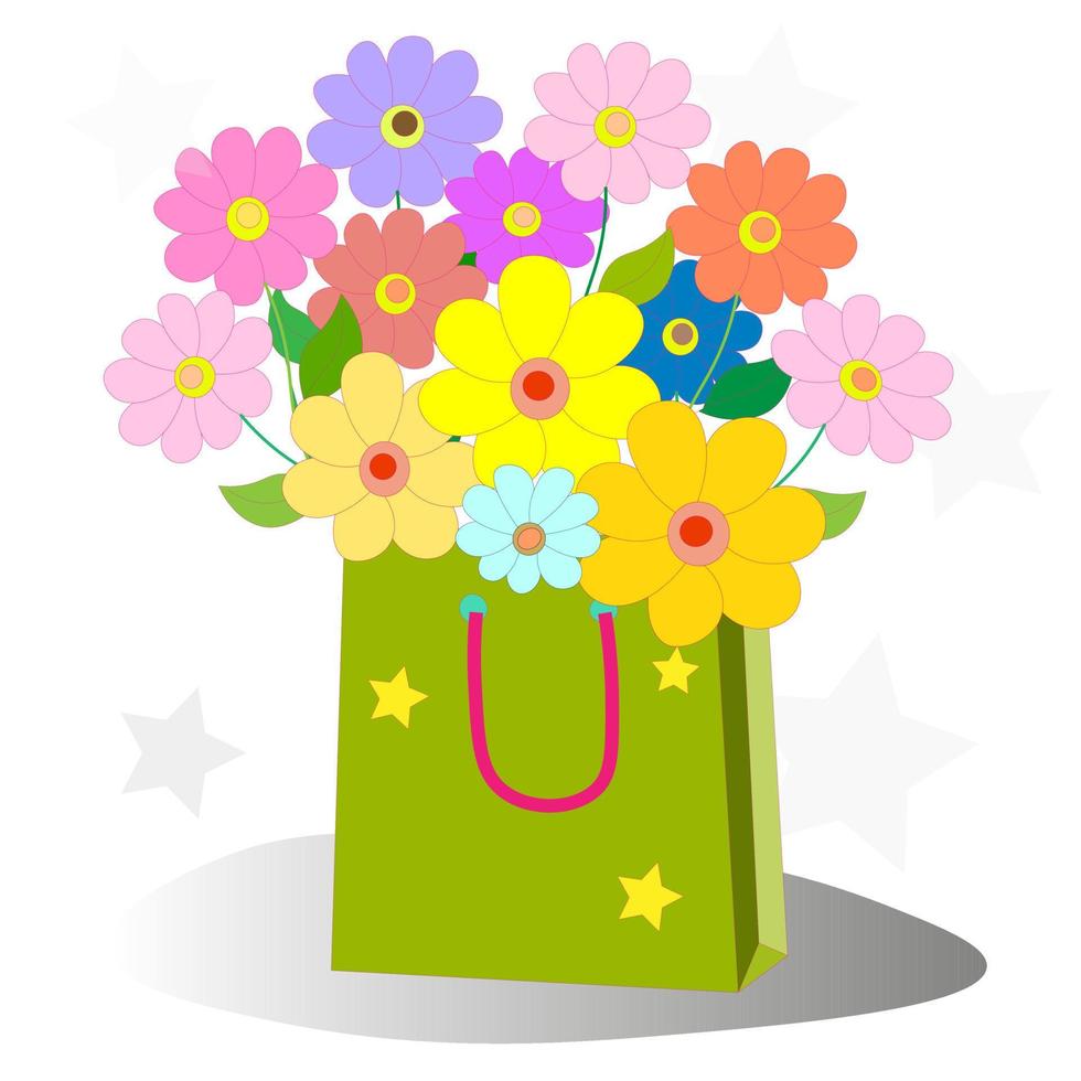set van boeket van veelkleurige bloemen in Groenboek boodschappentas. vector voorraad illustratie. bloemen voor felicitaties. kleurrijke banners voor reclame, aankondigingen van nieuwe collectie en uitverkoop