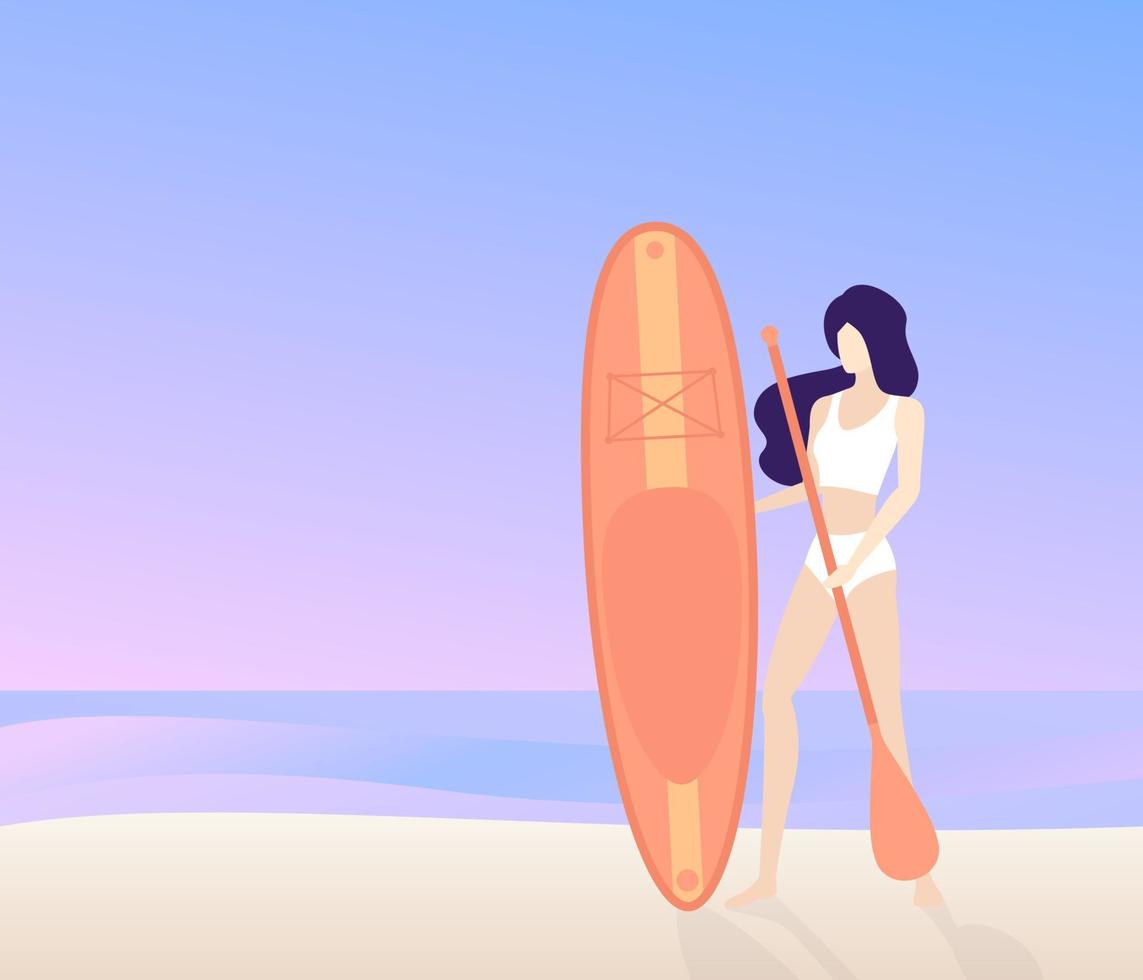 meisje met sup board en peddel op het strand, vector