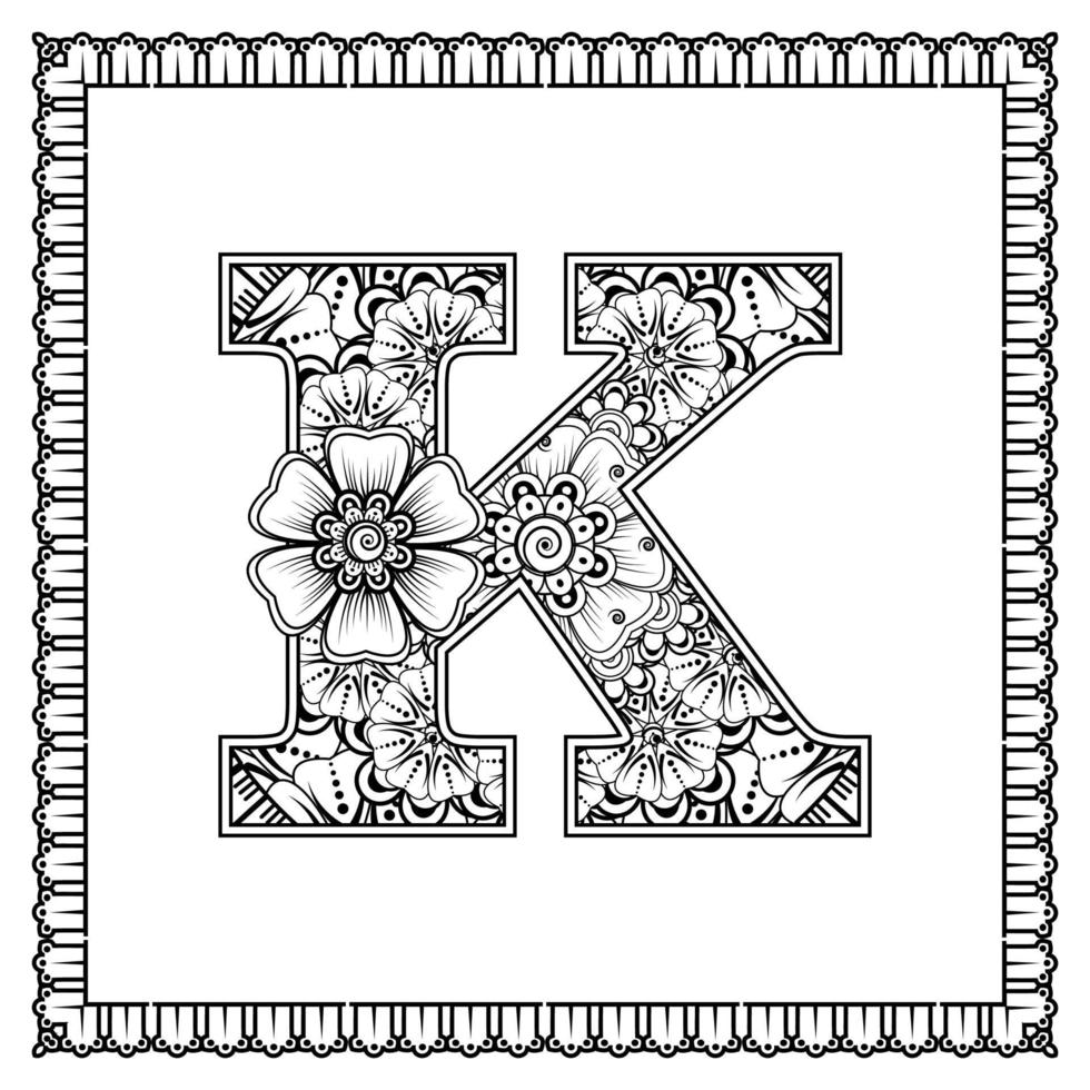 letter k gemaakt van bloemen in mehndi-stijl. kleurboek pagina. schets hand-draw vectorillustratie. vector