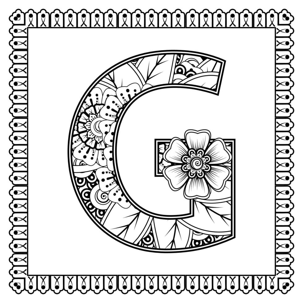 letter g gemaakt van bloemen in mehndi-stijl. kleurboek pagina. schets hand-draw vectorillustratie. vector