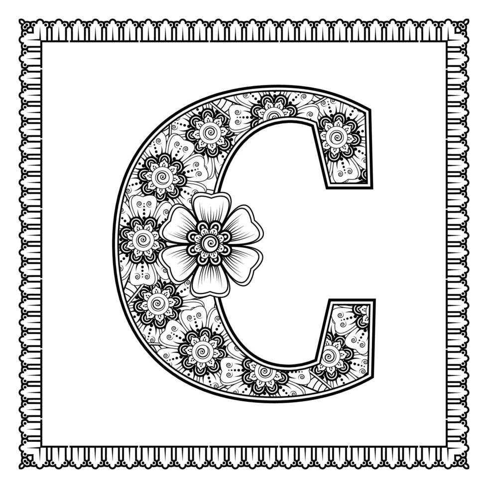 letter c gemaakt van bloemen in mehndi-stijl. kleurboek pagina. schets hand-draw vectorillustratie. vector