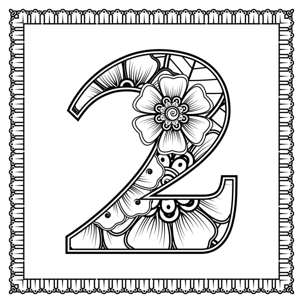 nummer 2 met mehndi bloem. decoratief ornament in etnische oosterse stijl. kleurboek pagina. vector