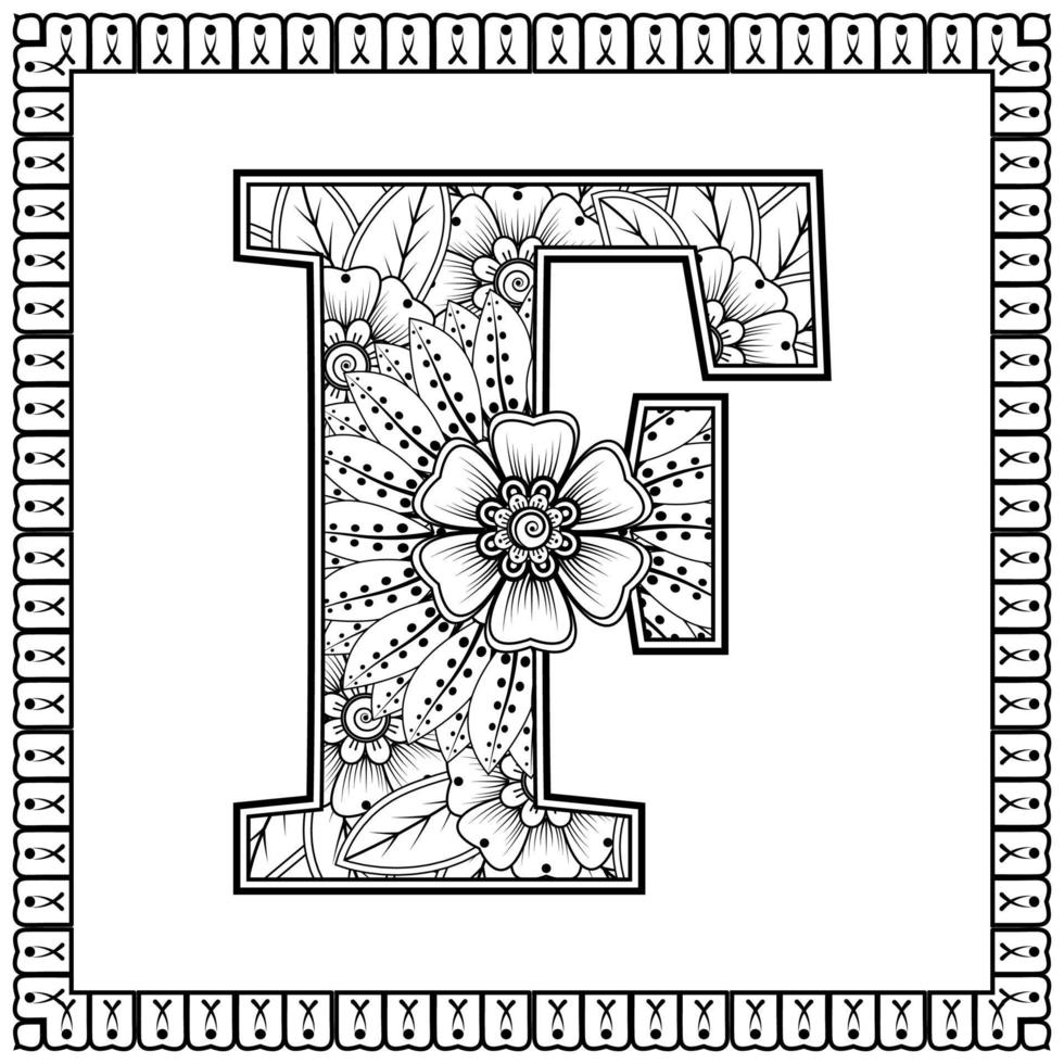 letter f gemaakt van bloemen in mehndi-stijl. kleurboek pagina. schets hand-draw vectorillustratie. vector