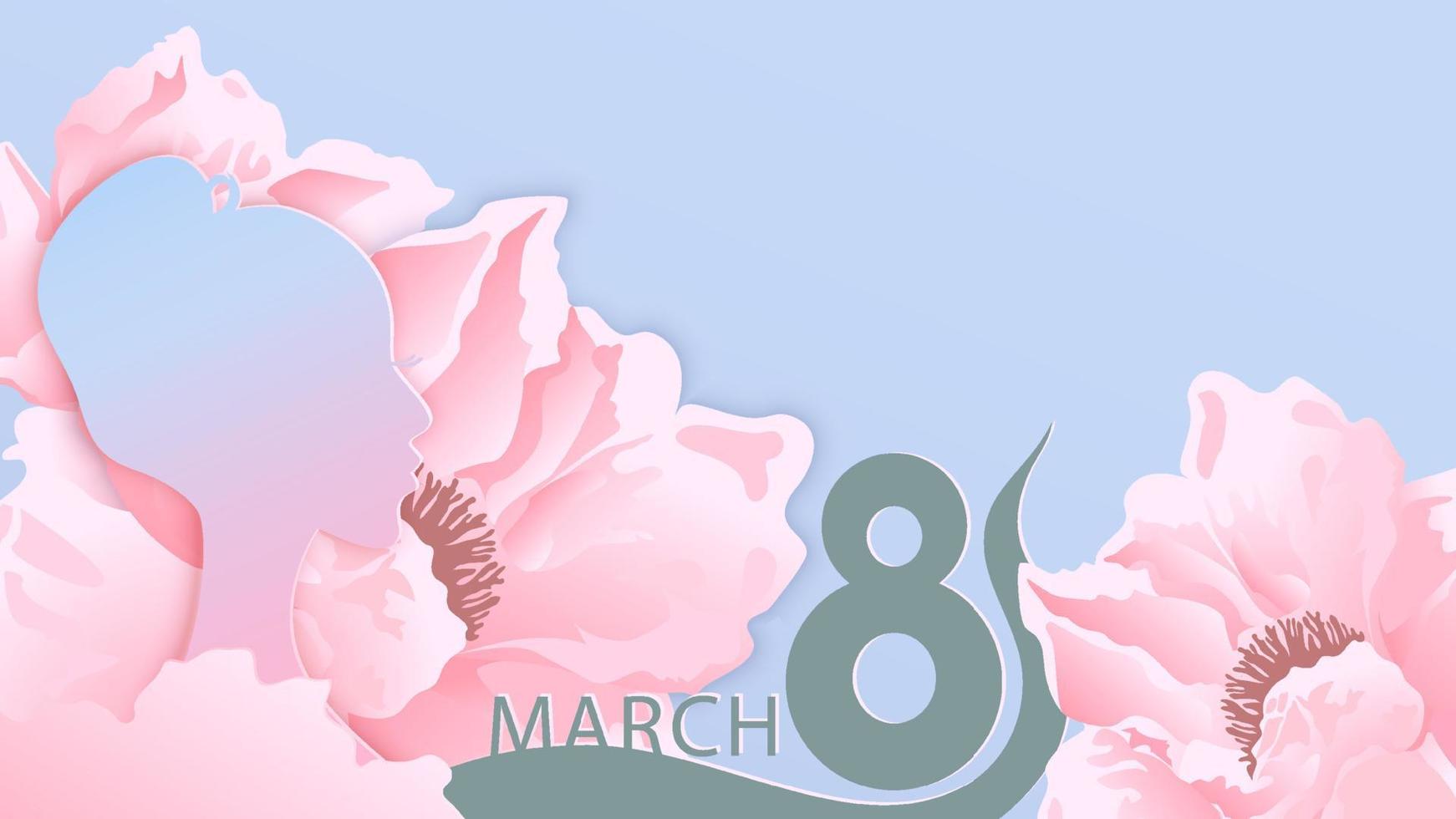 illustratie voor internationale vrouwendag. banner, flyer voor 8 maart met het gezicht van een vrouw en roze bloemen. vector