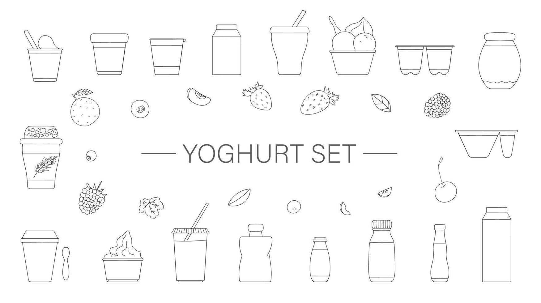 vector set van verschillende soorten yoghurt met fruit en bessen. hand getekende set van biologische verse zuivelproducten geïsoleerd op een witte achtergrond. natuurlijke voeding lijntekening. zwart-wit afbeelding