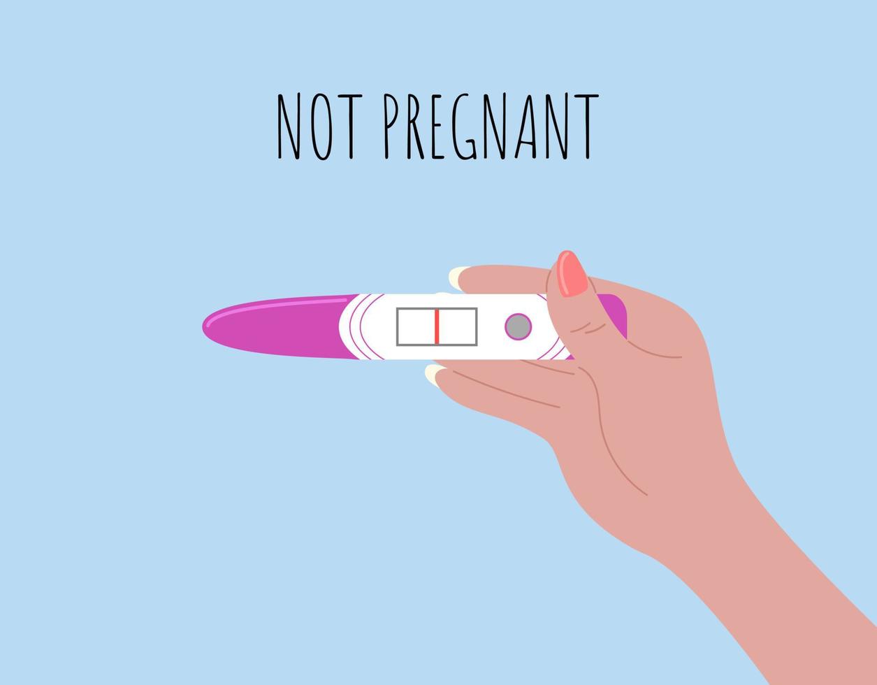 negatieve zwangerschapstest met één streep. sms niet zwanger. vrouwelijke hand met test. platte vectorillustratie vector