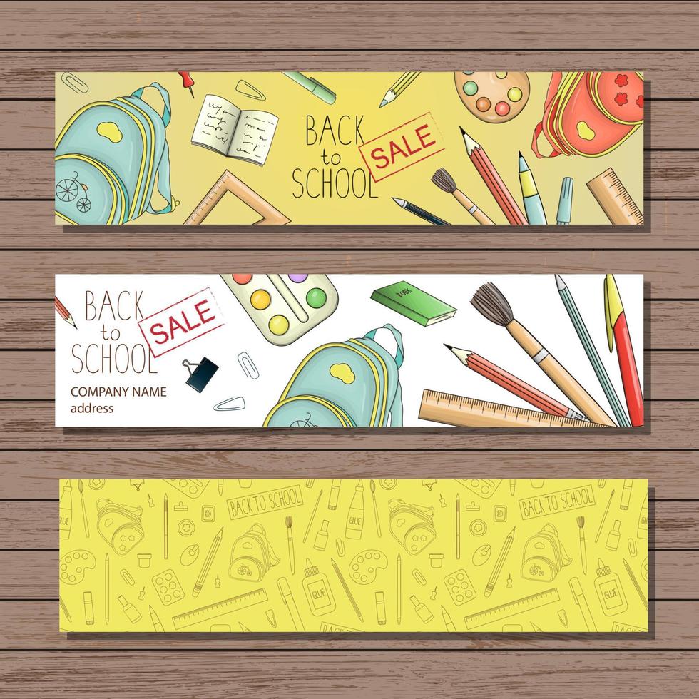 felgekleurde briefpapier, schrijfgerei, bladwijzers voor kantoor- of schoolbenodigdheden. kantoorboekhandel, advertentie. korting terug naar school banner, folder. doodle stijl illustratie van pen, potlood vector