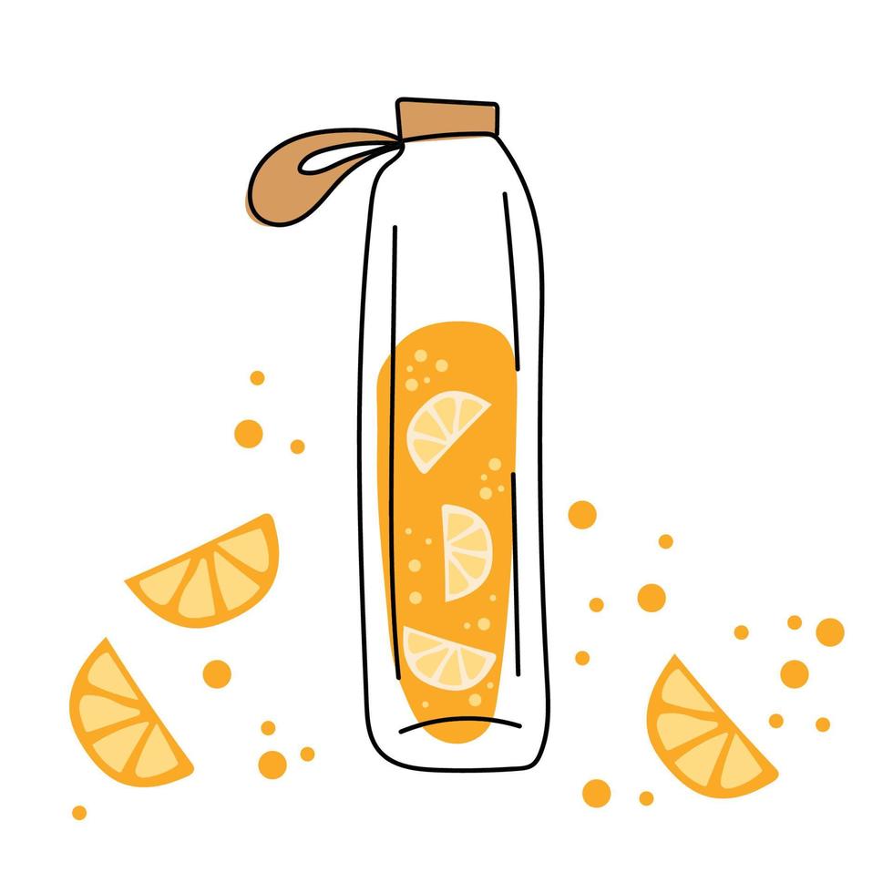 glazen fles en smakelijke sinaasappeldrank. sinaasappel drank vector