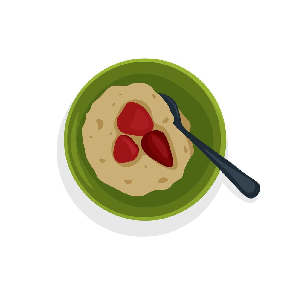 ontbijtpap met aardbeien, in een groen bord, graphics vector