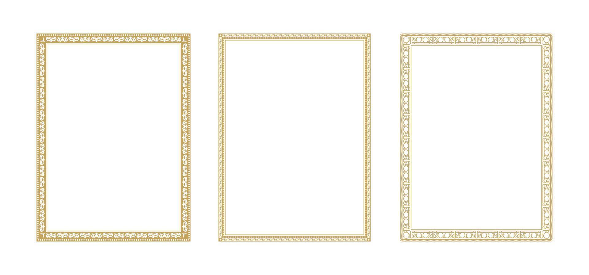 decoratieve ornament vierkante kaderset. eenvoudige gouden lijnrand voor foto, certificaatontwerp vector