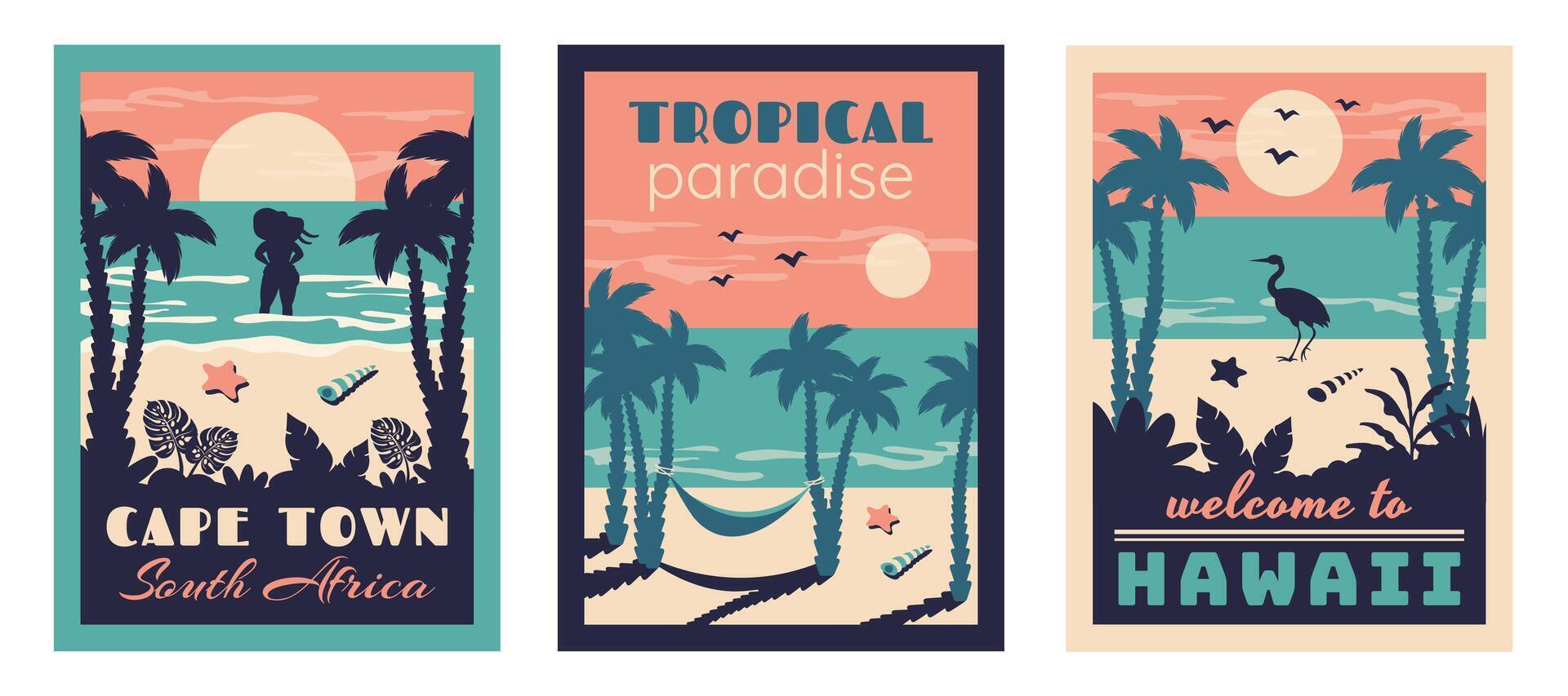 reeks van zomer strand wijnoogst kaart. zomer achtergrond. tropisch zeegezicht met silhouetten van mooi meisje, palm bladeren, flamingo, hangmat, zeester, schelpen. vector