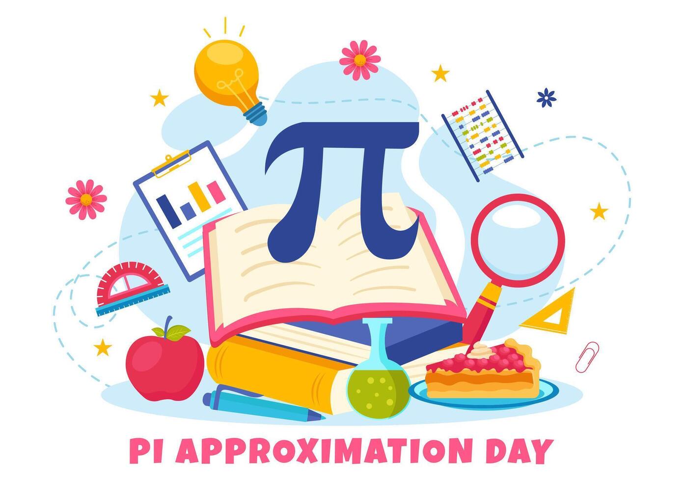 pi benadering dag illustratie met wiskundig constanten of gebakken zoet taart in vlak tekenfilm achtergrond vector