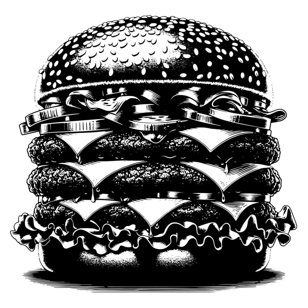 zwart en wit illustratie van een smakelijk gegrild cheeseburger vector