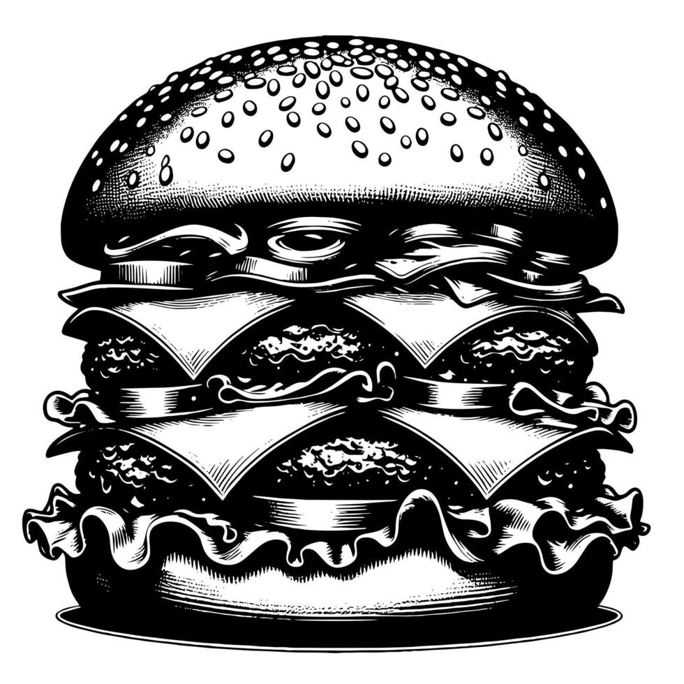 zwart en wit illustratie van een smakelijk gegrild cheeseburger vector