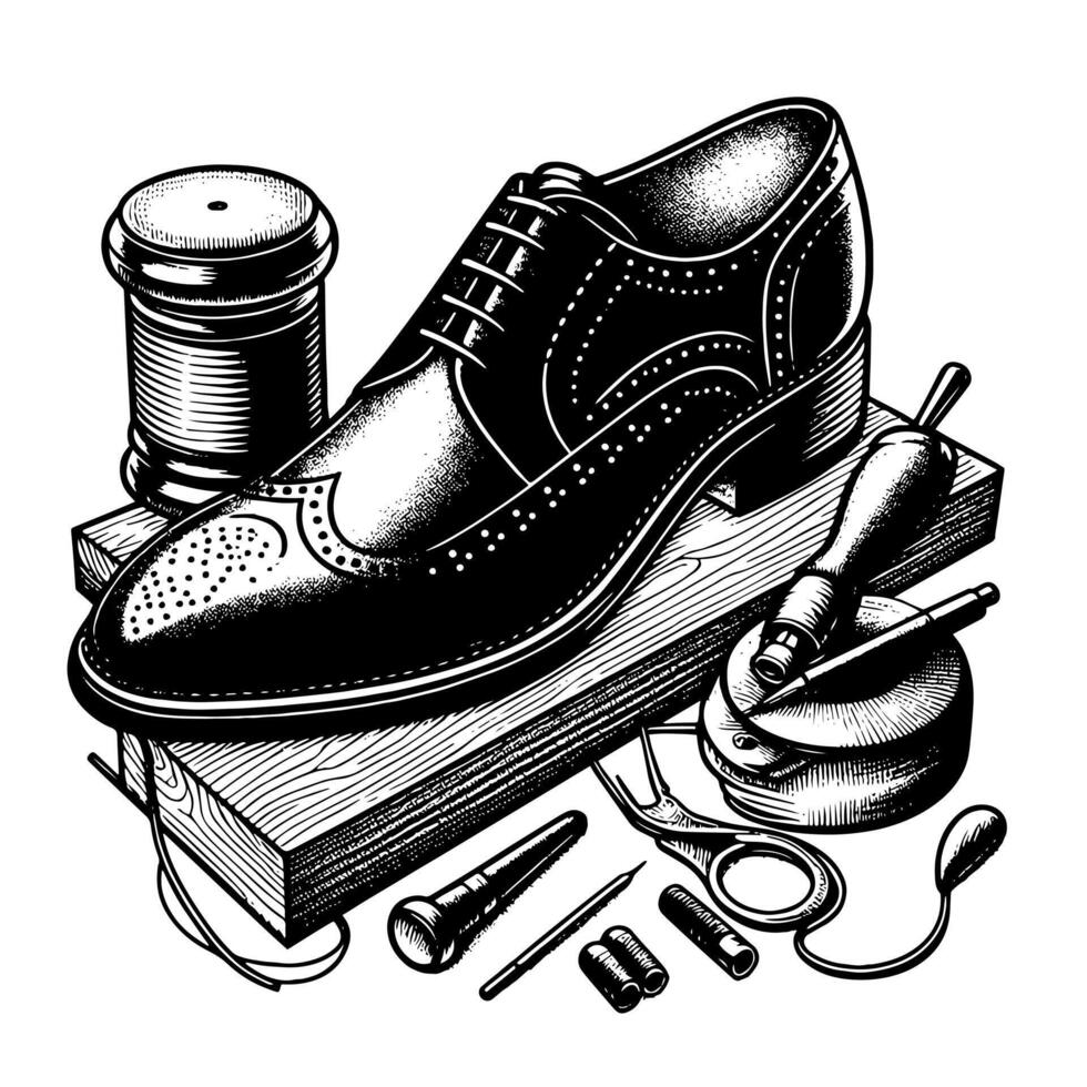 zwart en wit illustratie van een paar- van mannetje leer schoenen vector