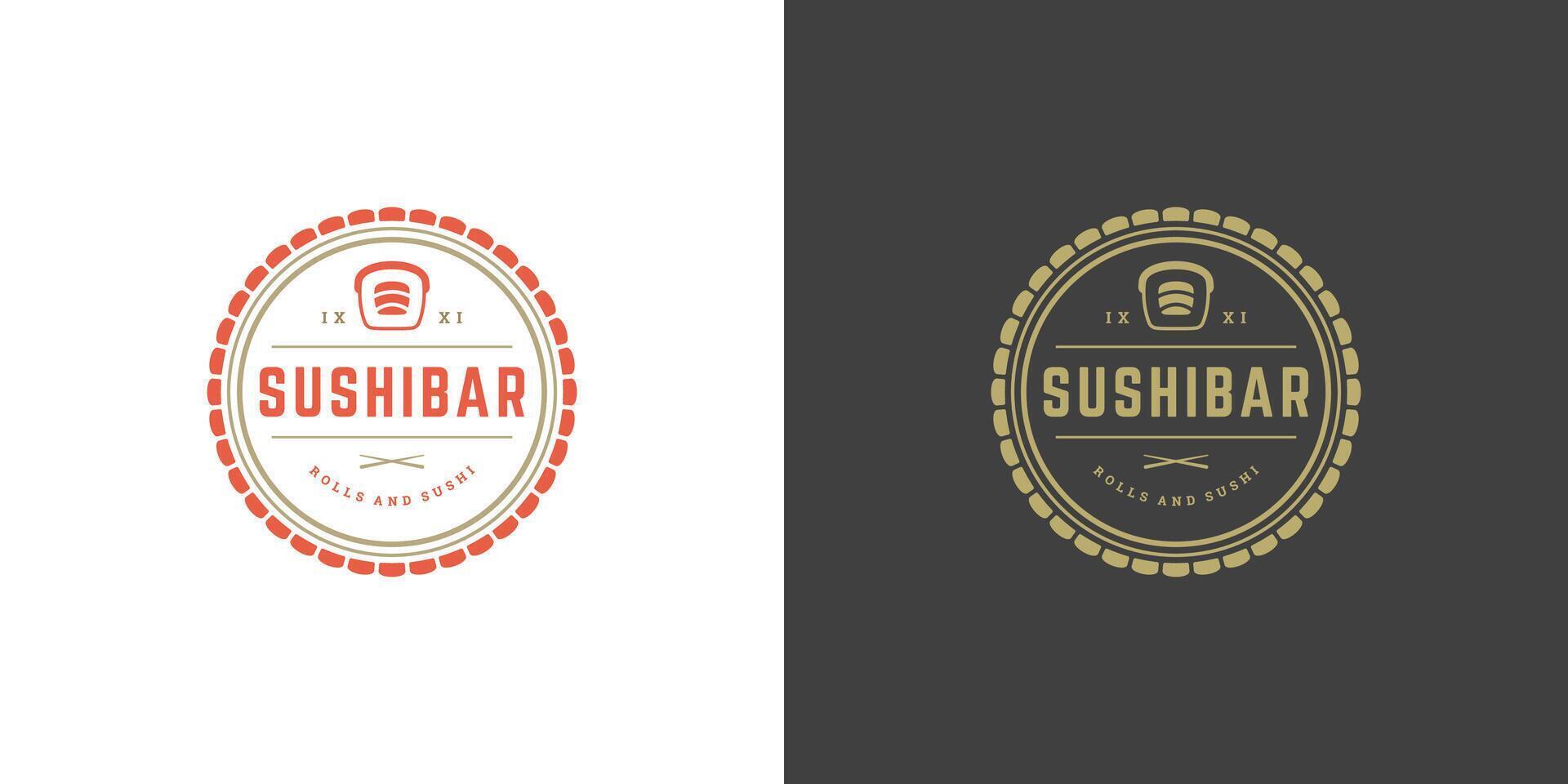 sushi logo en insigne Japans voedsel restaurant met sushi Zalm rollen Aziatisch keuken silhouet illustratie vector