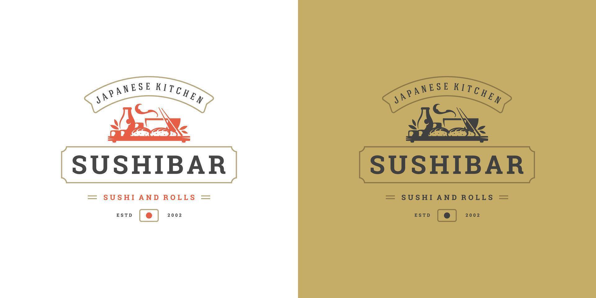 sushi logo en insigne Japans voedsel restaurant met ramen noodle soep Aziatisch keuken silhouet illustratie vector